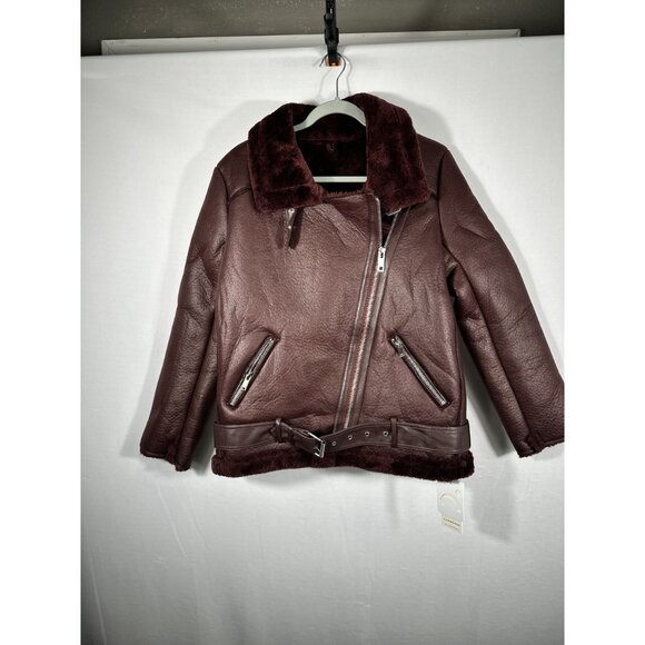 Womens Burgundy Faux Leather & Fur Biker Jacket - Picture 7 of 9